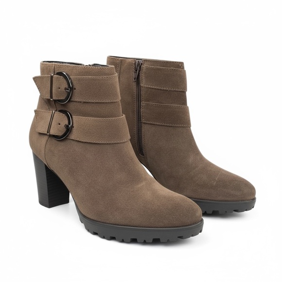 Easy’n Rose  Buckled Lug Sole Heeled Moto Chelsea Boot  Taupe Suede 39 8.5M 9M - Picture 9 of 16
